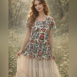 Hannah Tunic Top M Abstract Floral Print Multicolor Boho Artsy Casual Fairycore